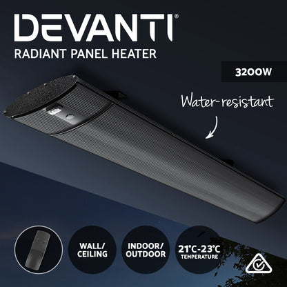 Devanti 3200W Radiant Panel Heater Wall Ceiling Mount Indoor Outdoor IPX4 Remote