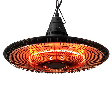 Black outdoor patio heater with glowing red interior on a white background
