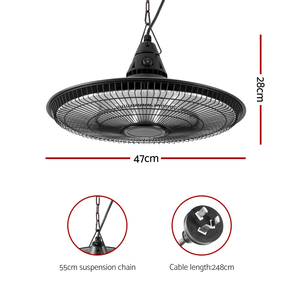 Devanti 1500W Carbon Fibre Infrared Hanging Heater 360° IP65 Indoor Outdoor Remote Black