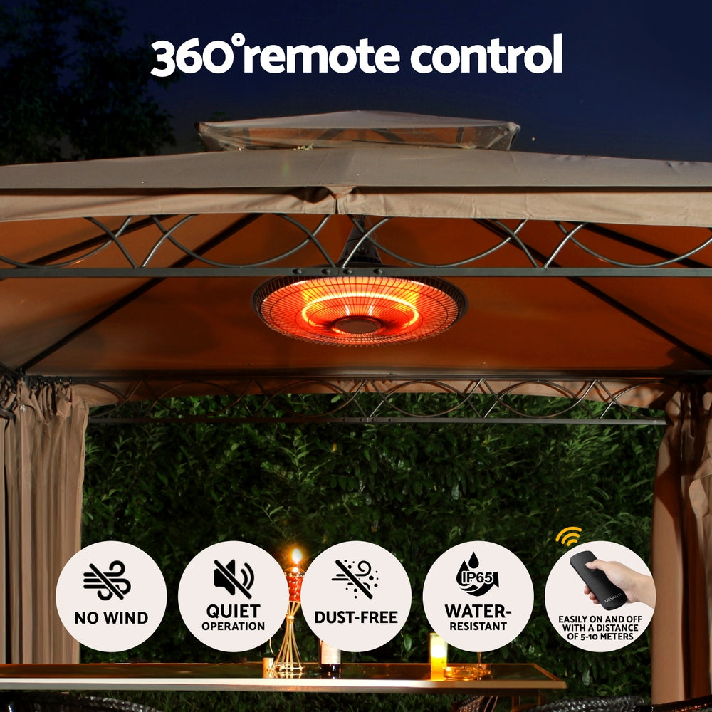 Devanti 1500W Carbon Fibre Infrared Hanging Heater 360° IP65 Indoor Outdoor Remote Black