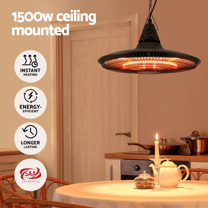 Devanti 1500W Carbon Fibre Infrared Hanging Heater 360° IP65 Indoor Outdoor Remote Black