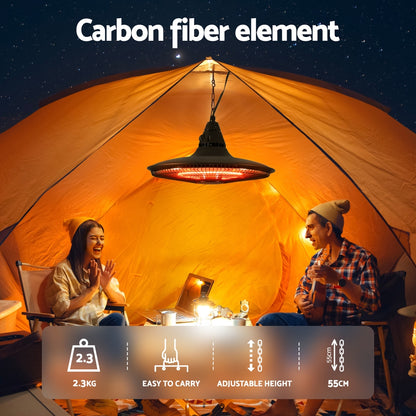 Devanti 1500W Carbon Fibre Infrared Hanging Heater 360° IP65 Indoor Outdoor Remote Black