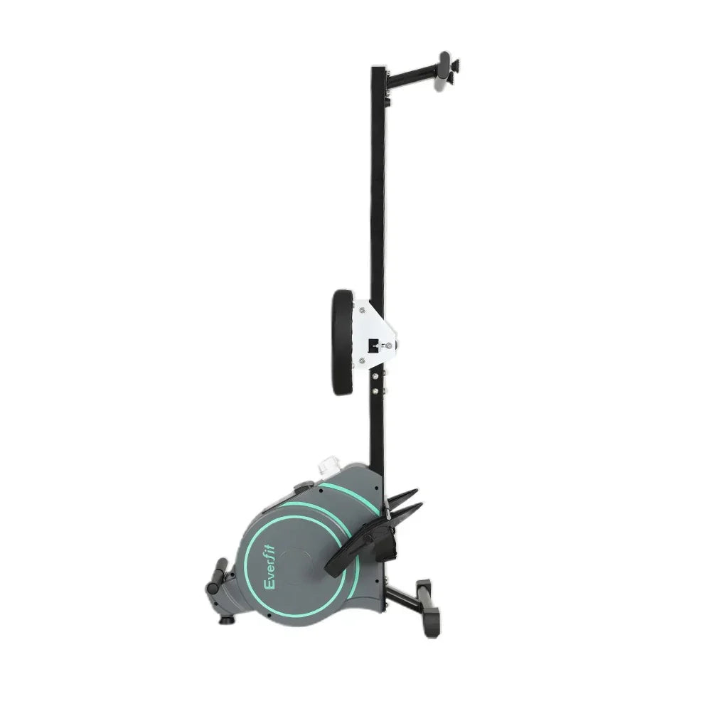 Everfit rowing machine in upright folded position for compact home gym storage