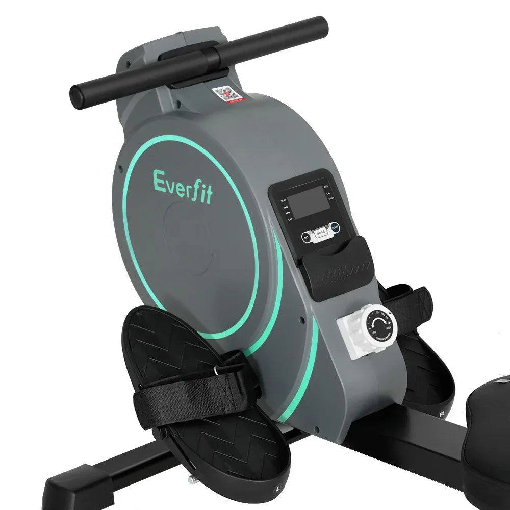 Everfit rowing machine close up with flywheel, digital display, and foot pedals