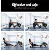 Man using rowing machine in gym, demonstrating exercise positions and muscle groups worked