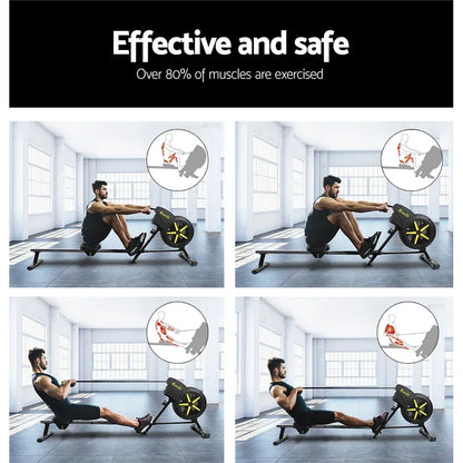 Man using rowing machine in gym, demonstrating exercise positions and muscle groups worked