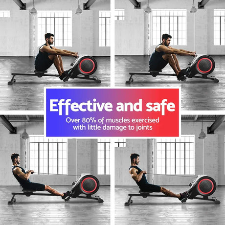 Man demonstrating rowing machine workout in a spacious gym with large windows, effective and safe fitness equipment.