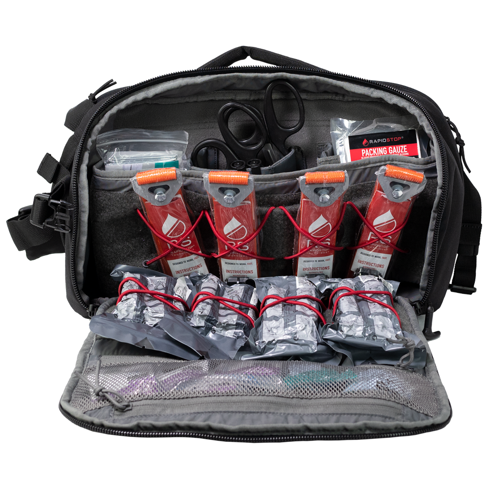 RapidStop Mass Casualty Bleed Response Kit with four orange civilian tourniquets