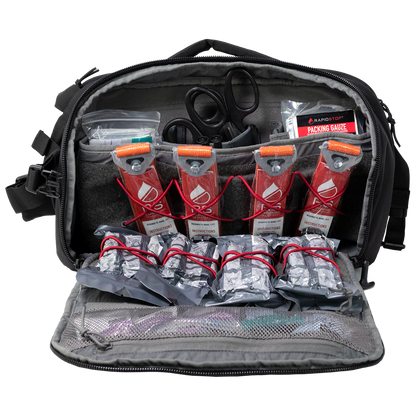 RapidStop Mass Casualty Bleed Response Kit with four orange civilian tourniquets