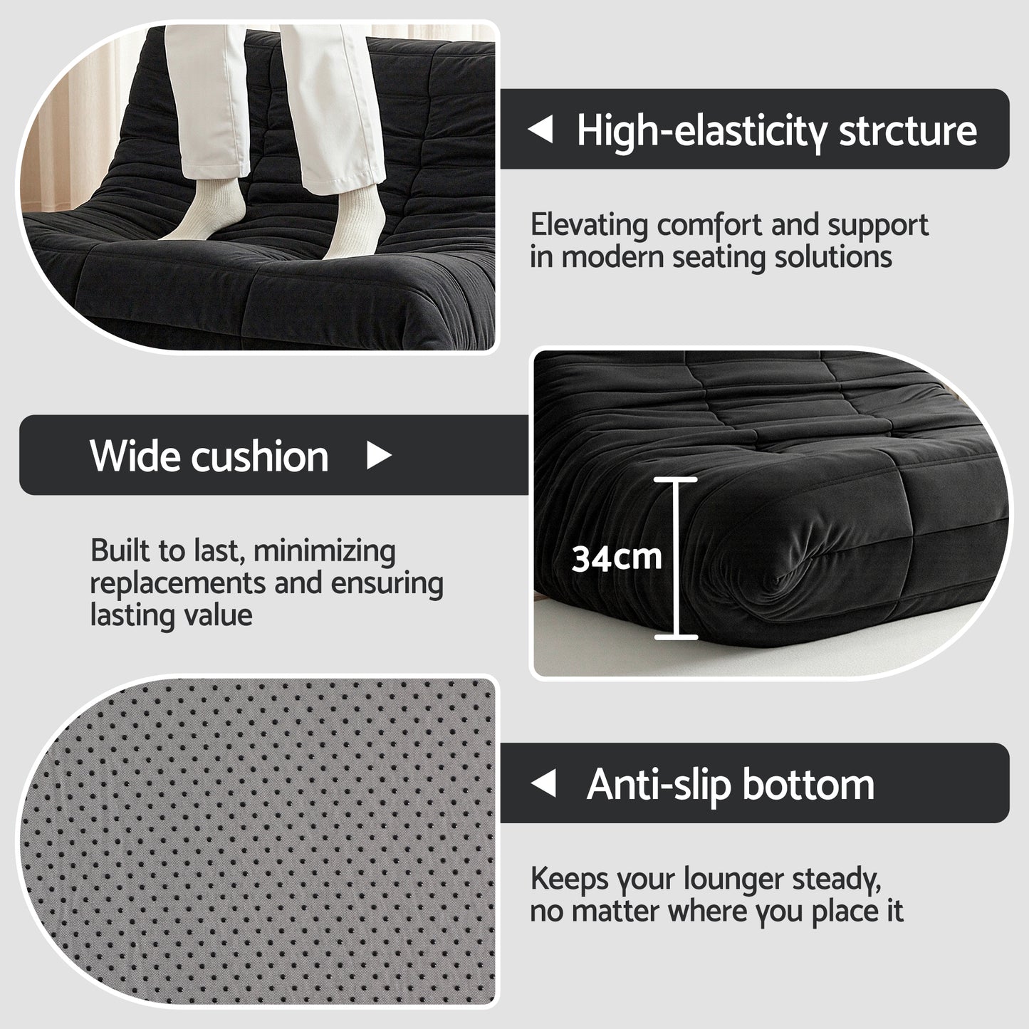 Artiss 2-Seater Caterpillar Lazy Sofa | Black