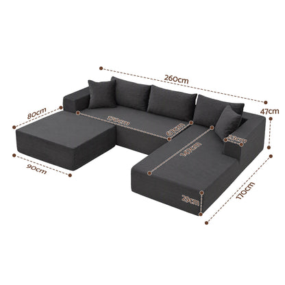 Grey corduroy 4 seater modular sofa bed with right facing chaise and separate ottoman
