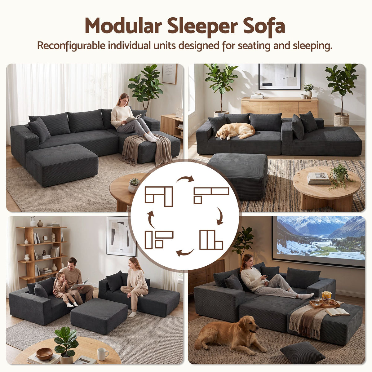 U-shape modular sofa bed with five matching corduroy scatter pillows