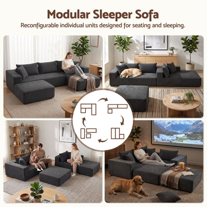U-shape modular sofa bed with five matching corduroy scatter pillows