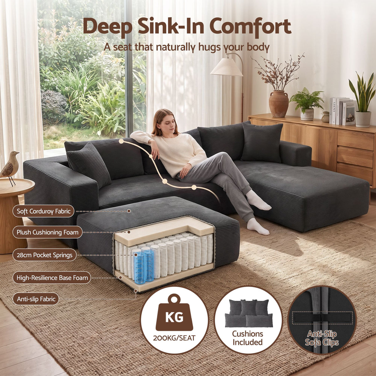 Artiss corduroy modular sofa bed with extra wide armrests for generous side space