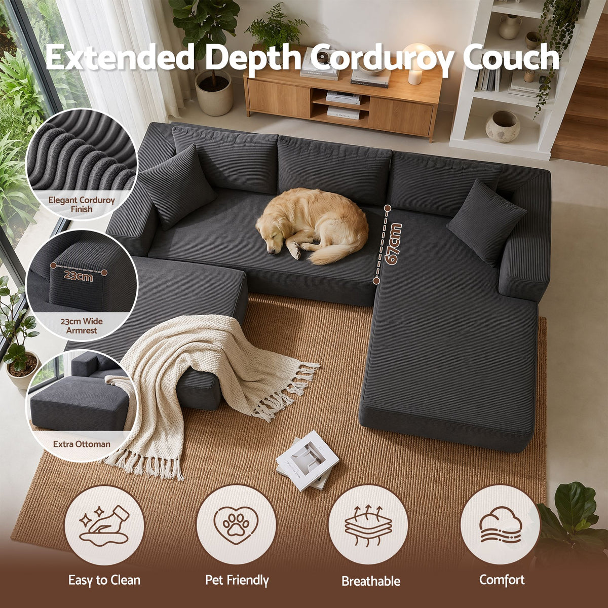 Grey ribbed corduroy upholstery over 30D high density foam cushioning