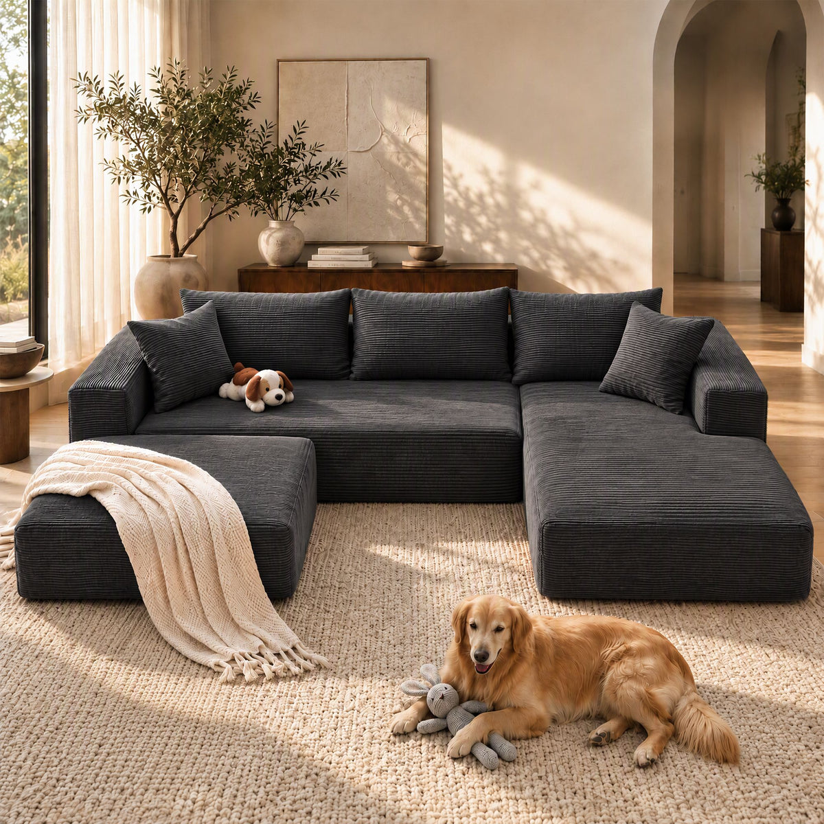Modular sofa bed sections that rearrange to suit the room layout