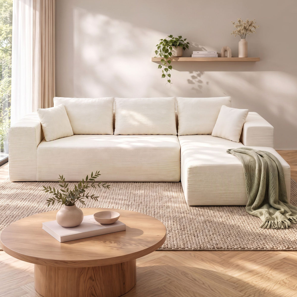 Artiss modular sectional sofa in white chenille, L-shaped 4 seater boneless sofa bed
