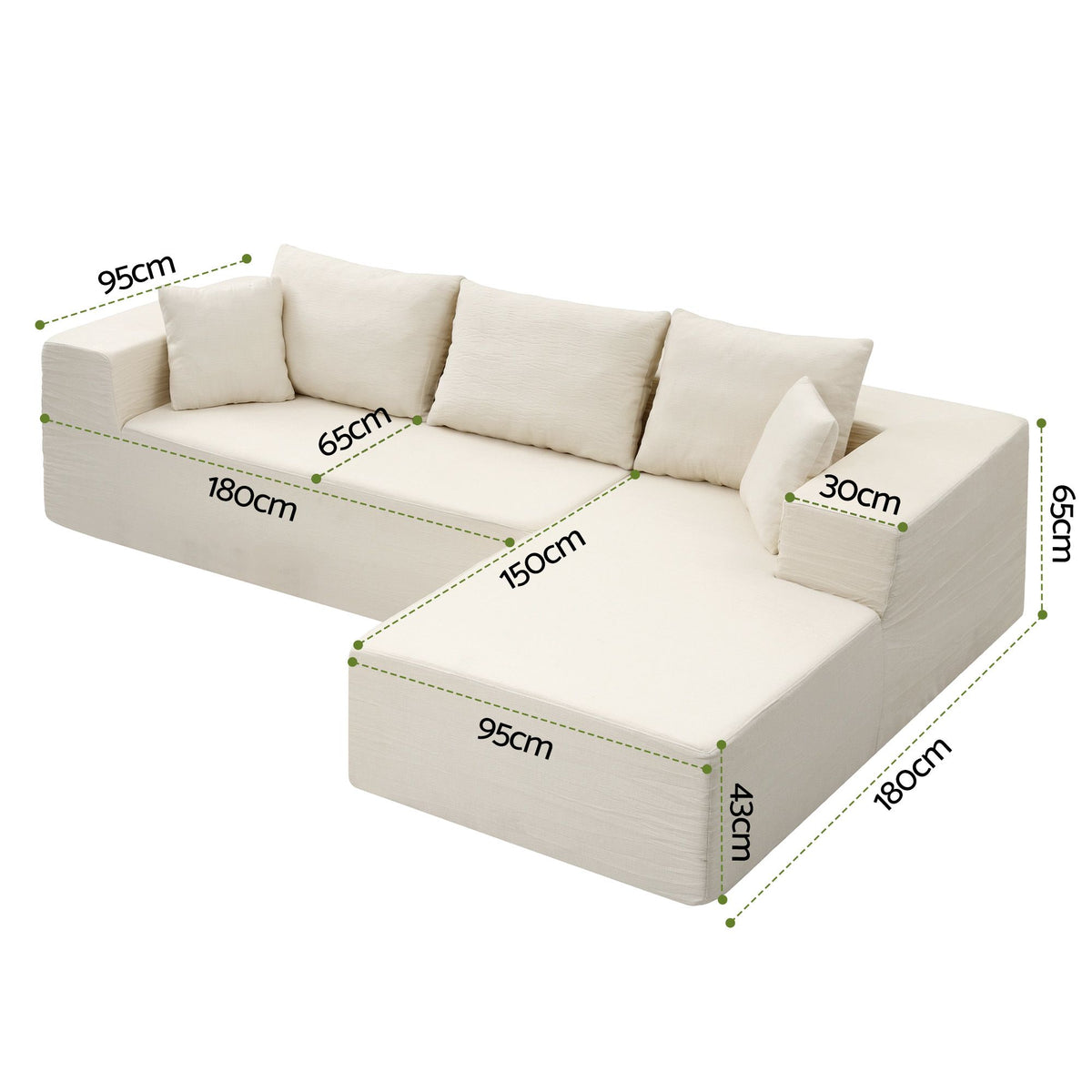 White chenille 4 seater modular sofa bed with chaise lounge section