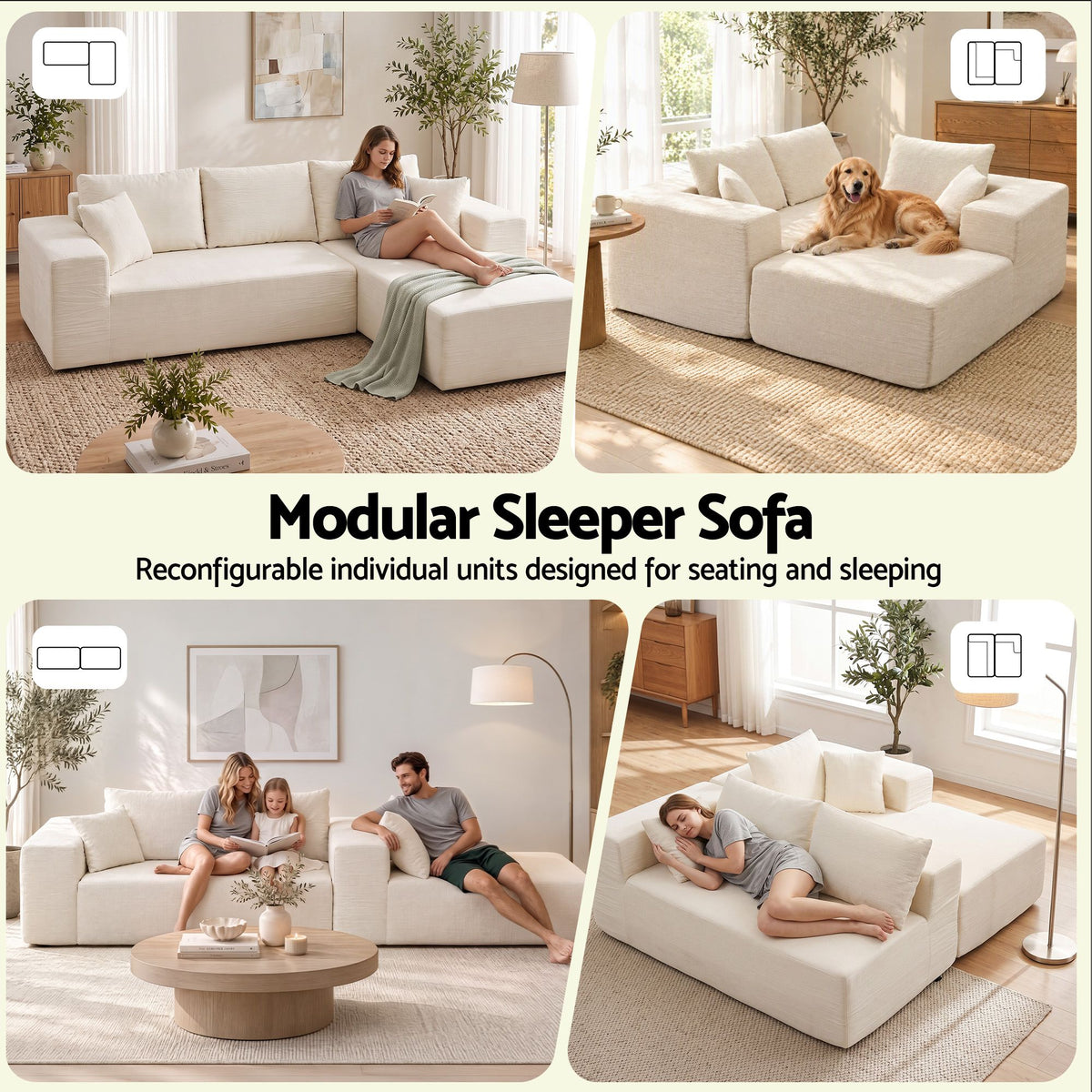 L-shaped modular sofa with five matching chenille scatter pillows
