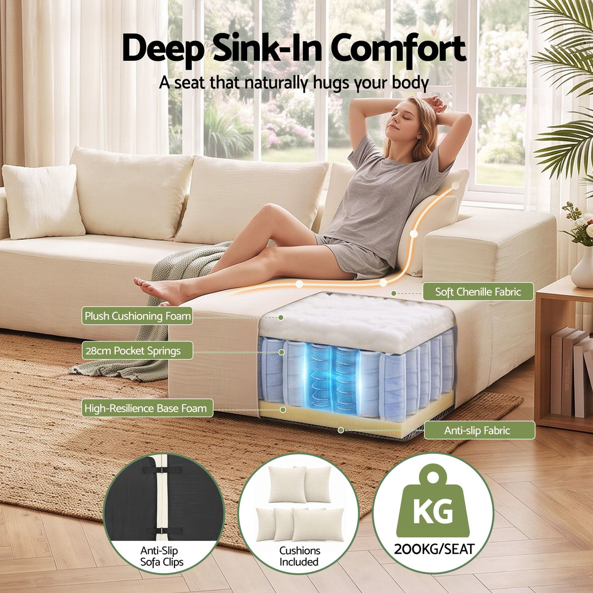 Artiss chenille modular sofa bed with generous 30cm armrests at each side