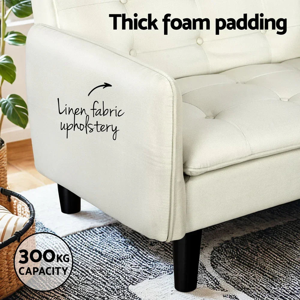 Artiss Sofa Bed 3 Seater Tufted Faux Linen Beige - Stacks Warehouse