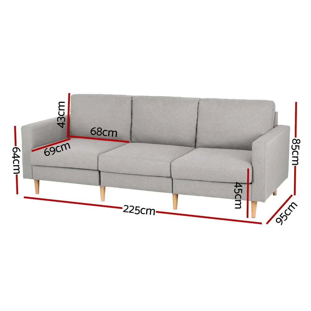 Artiss 3 Seater Sofa 225cm Linen Fabric Grey - Stacks Warehouse