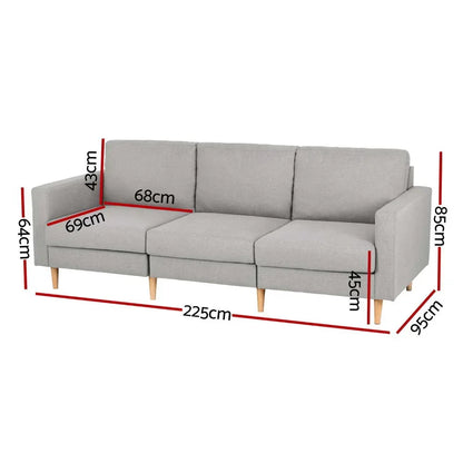 Artiss 3 Seater Sofa 225cm Linen Fabric Grey - Stacks Warehouse