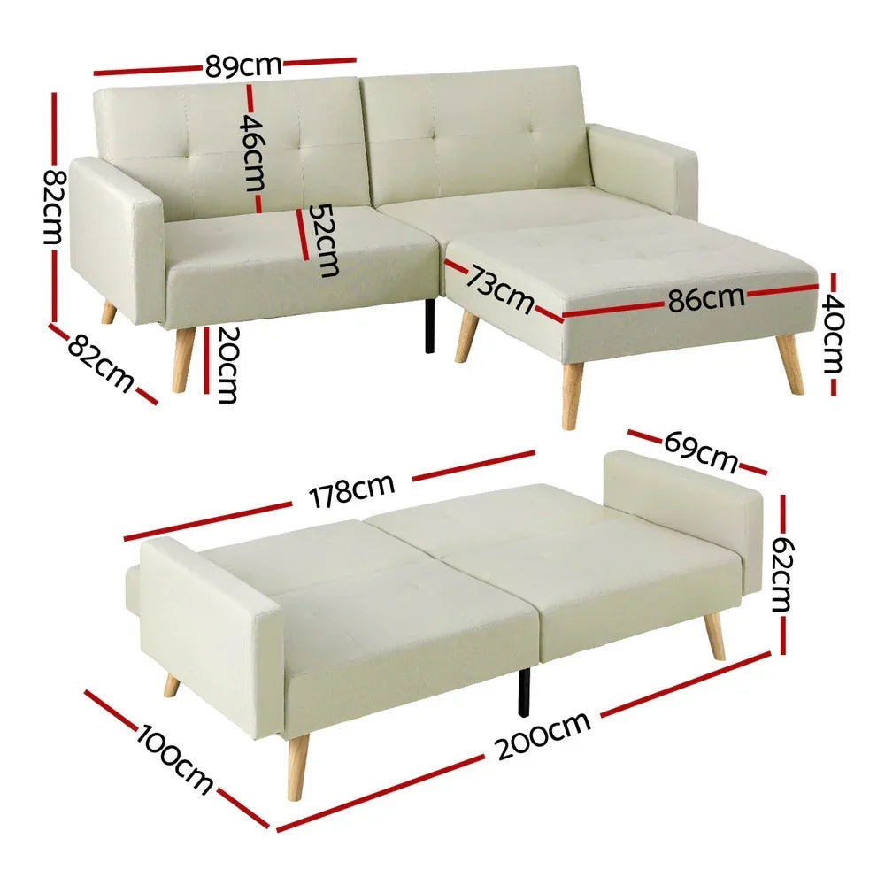 Artiss Sofa Bed Lounge Convertible Ottoman Couch Recliner 3 Seater Fabric Beige - Stacks Warehouse