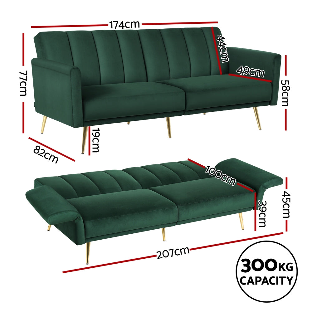 Artiss 3-Seater Velvet Sofa Bed | Green/Gold
