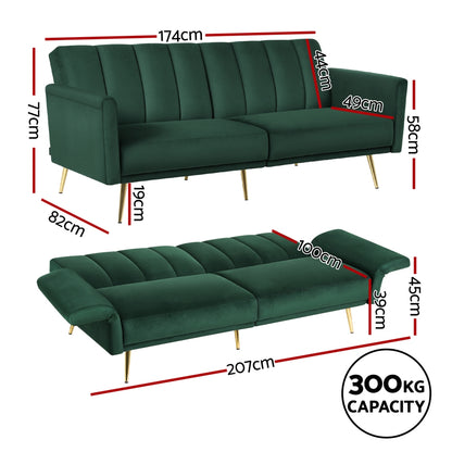Artiss 3-Seater Velvet Sofa Bed | Green/Gold