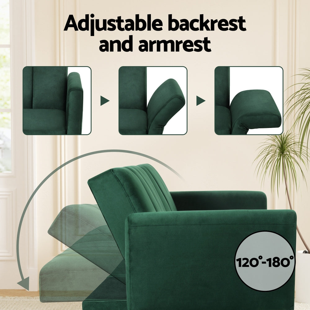 Artiss 3-Seater Velvet Sofa Bed | Green/Gold