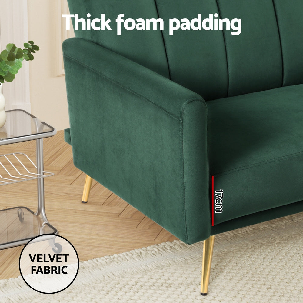 Artiss 3-Seater Velvet Sofa Bed | Green/Gold
