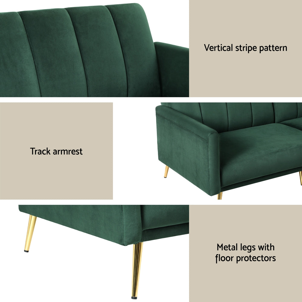 Artiss 3-Seater Velvet Sofa Bed | Green/Gold