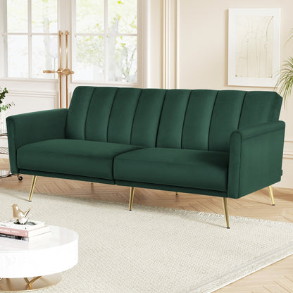 Artiss 3-Seater Velvet Sofa Bed | Green/Gold