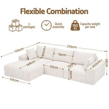 Artiss 3-Seater L-Shape Modular Cloud Sofa | White