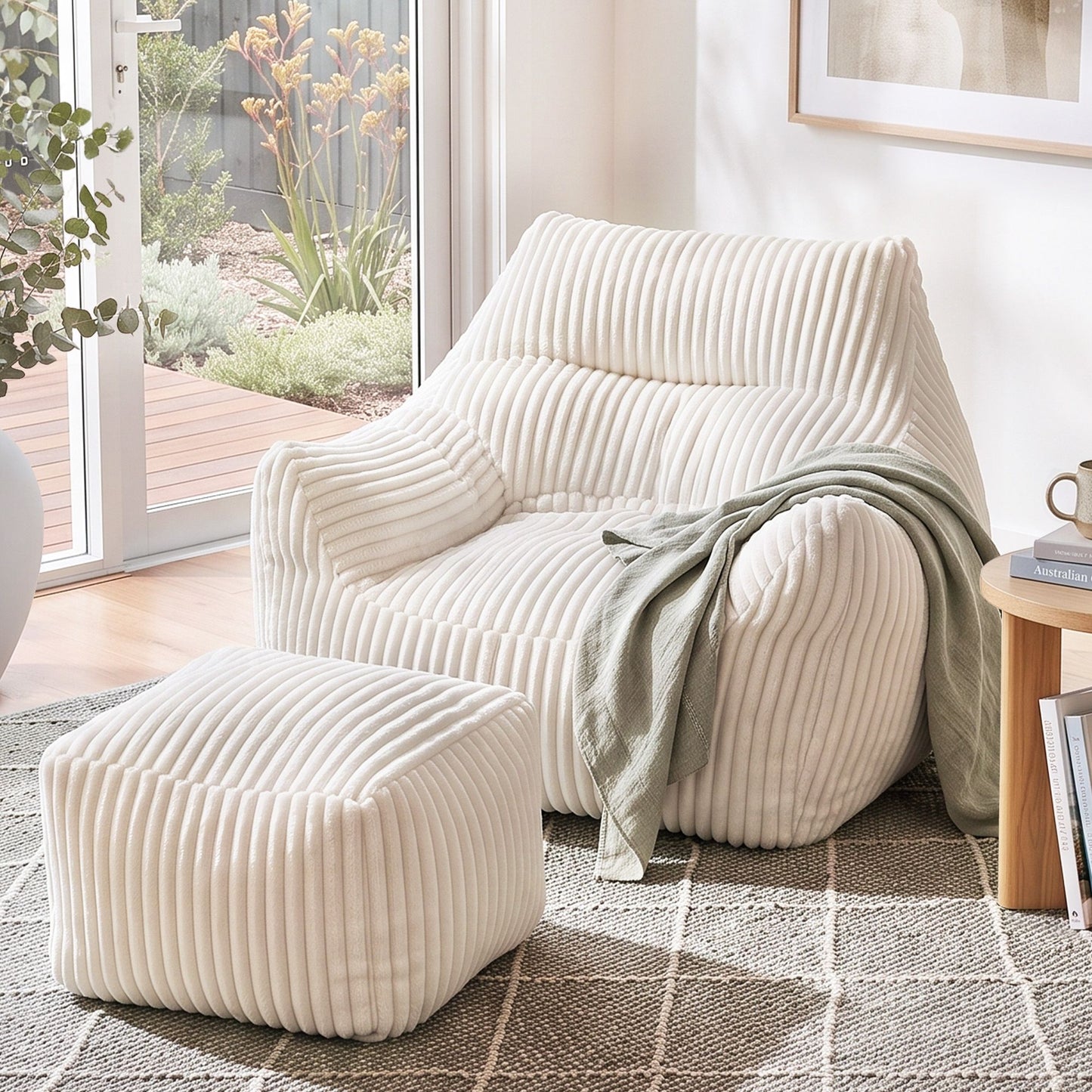 Artiss Corduroy Bean Bag Chair with Ottoman White