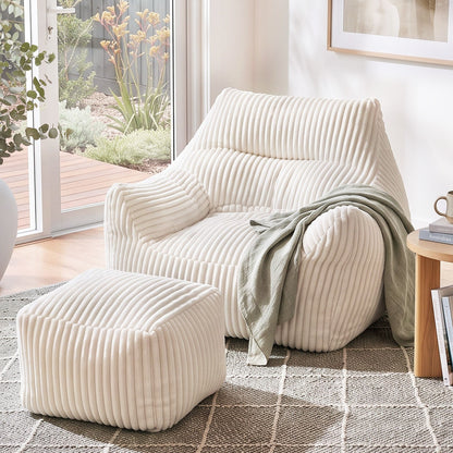 Artiss Corduroy Bean Bag Chair with Ottoman White
