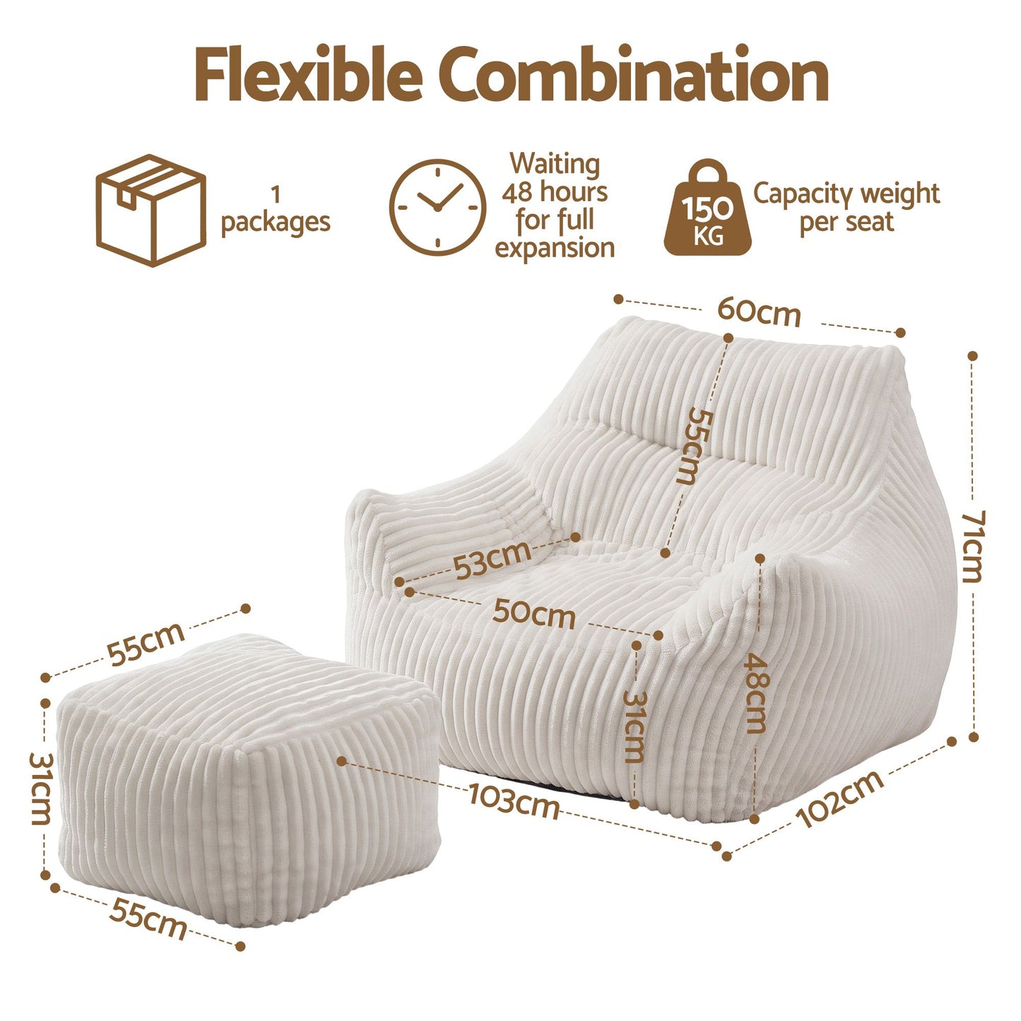 Artiss Corduroy Bean Bag Chair with Ottoman White