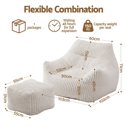 Artiss Corduroy Bean Bag Chair with Ottoman White