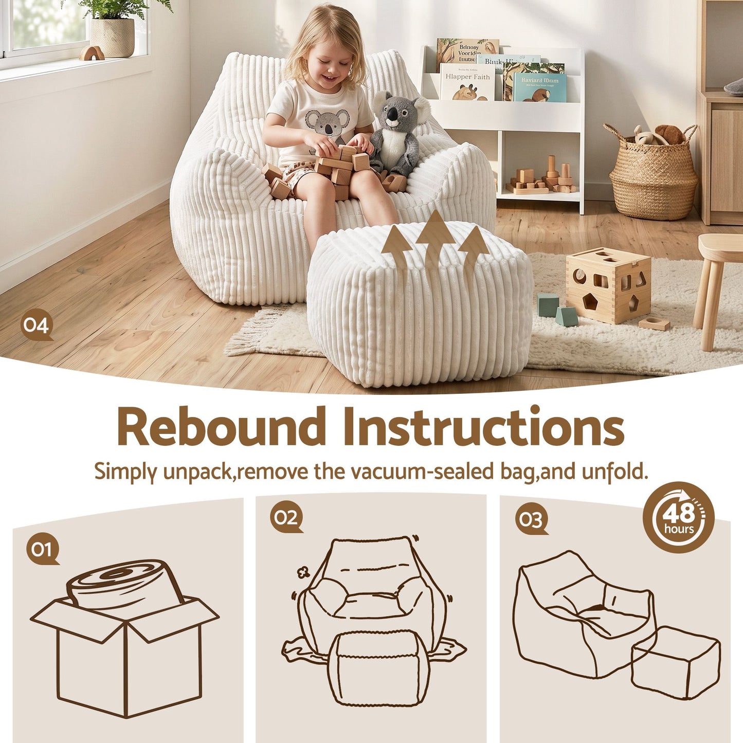 Artiss Corduroy Bean Bag Chair with Ottoman White