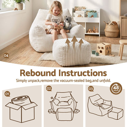 Artiss Corduroy Bean Bag Chair with Ottoman White