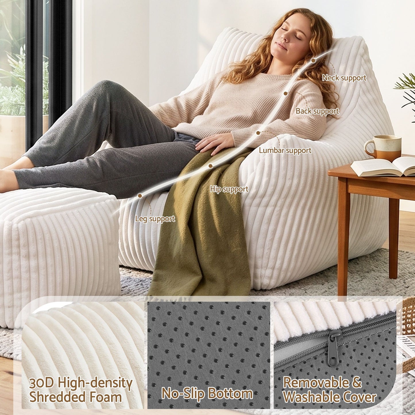 Artiss Corduroy Bean Bag Chair with Ottoman White