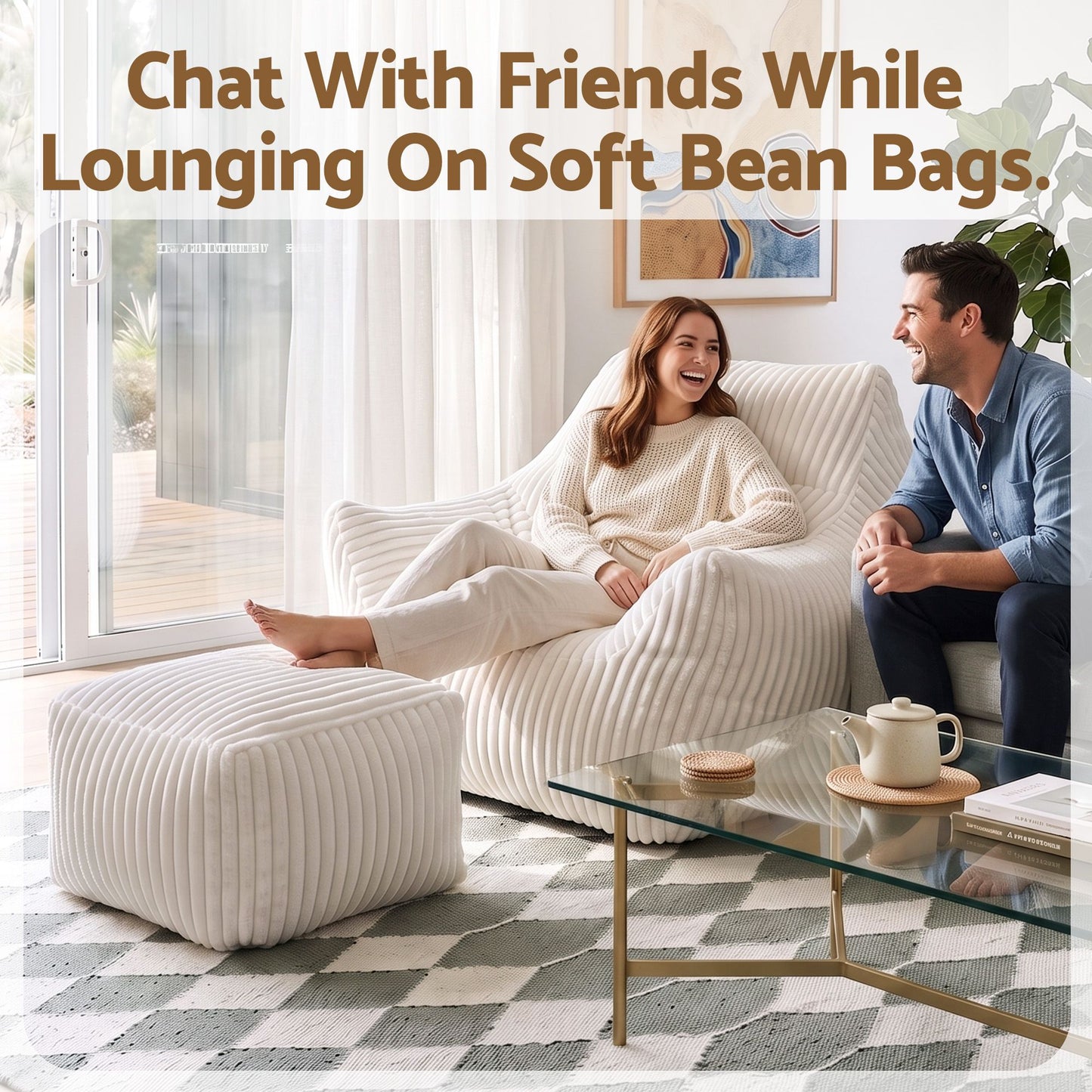 Artiss Corduroy Bean Bag Chair with Ottoman White