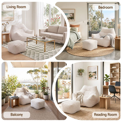 Artiss Corduroy Bean Bag Chair with Ottoman White