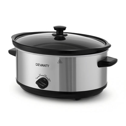 Devanti 6.5L Slow Cooker 3 Heat Settings Dishwasher-Safe Stoneware Keep Warm Silver