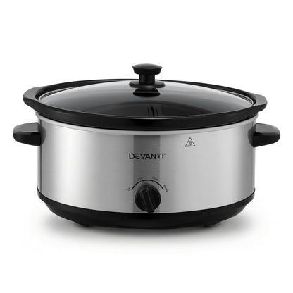 Devanti 6.5L Slow Cooker 3 Heat Settings Dishwasher-Safe Stoneware Keep Warm Silver