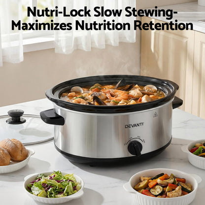 Devanti 6.5L Slow Cooker 3 Heat Settings Dishwasher-Safe Stoneware Keep Warm Silver