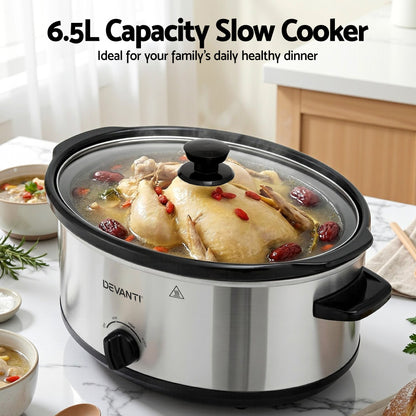 Devanti 6.5L Slow Cooker 3 Heat Settings Dishwasher-Safe Stoneware Keep Warm Silver