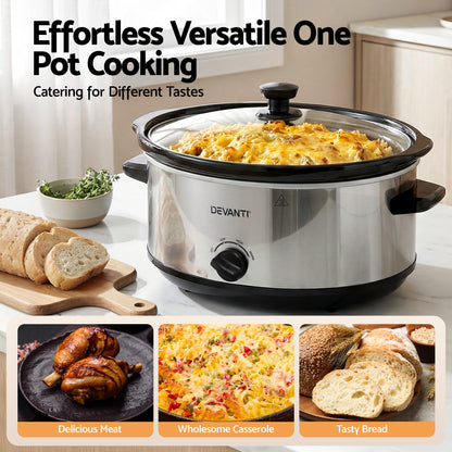 Devanti 6.5L Slow Cooker 3 Heat Settings Dishwasher-Safe Stoneware Keep Warm Silver