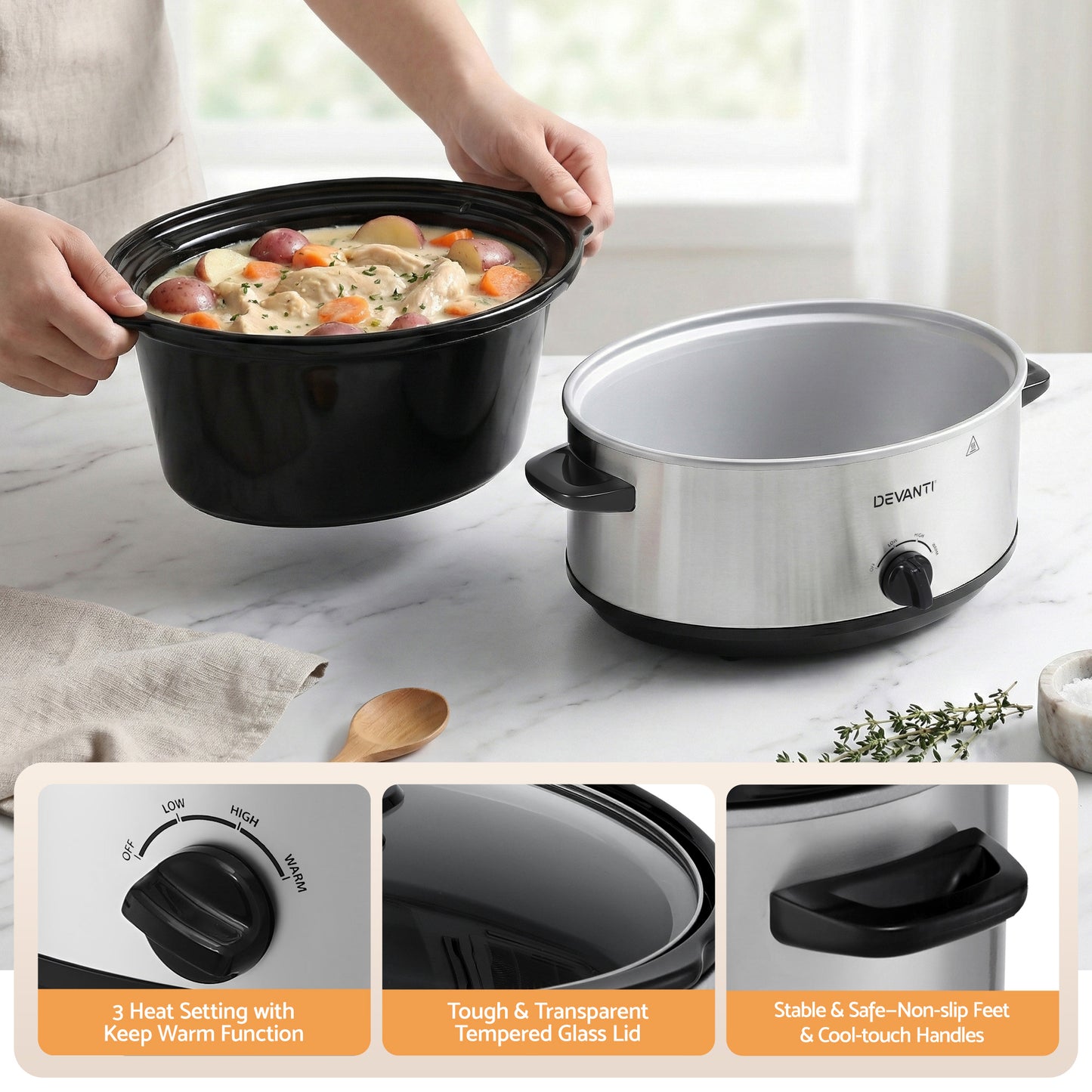 Devanti 6.5L Slow Cooker 3 Heat Settings Dishwasher-Safe Stoneware Keep Warm Silver